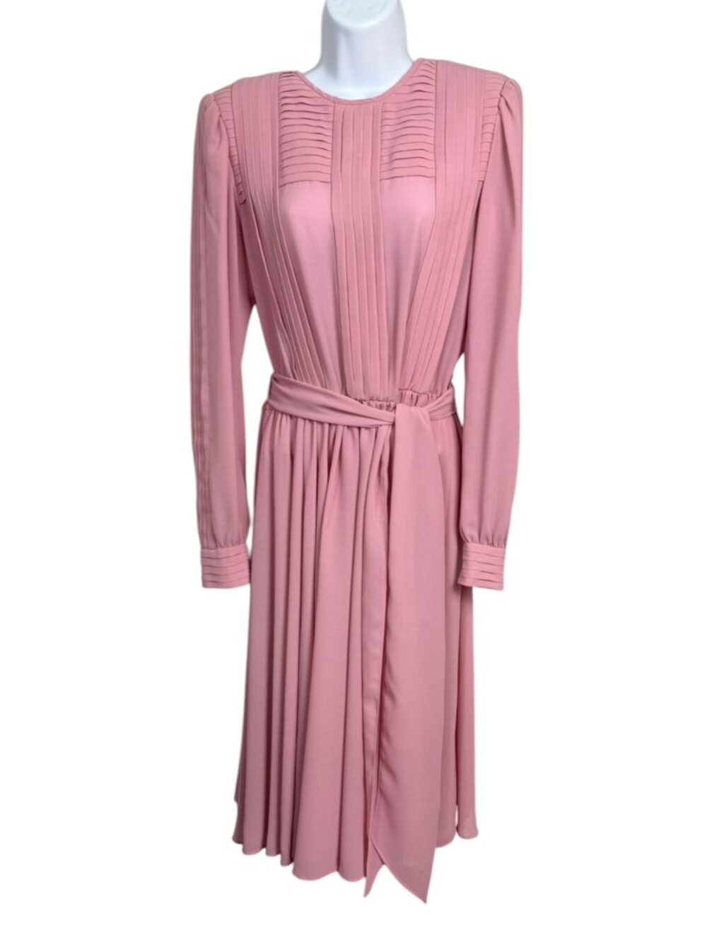 Vintage Zi Zi Pink Pintuck Midi Dress Tie Waist Puff Sleeve Romantic Size 10